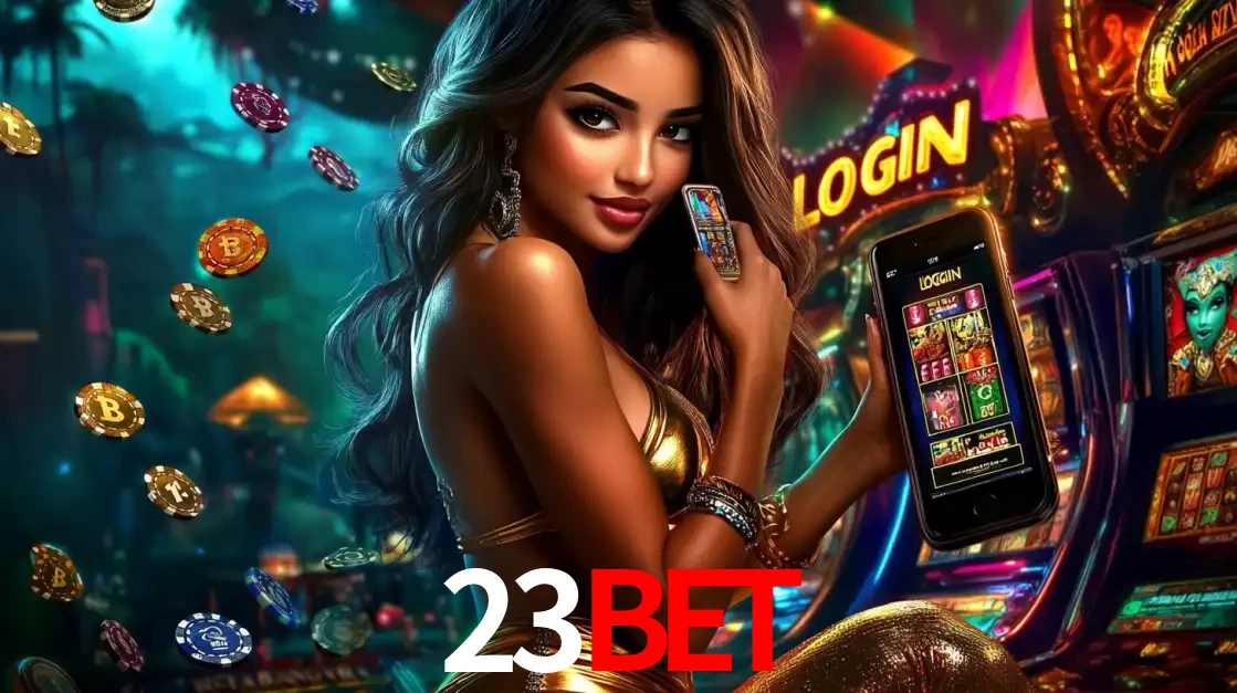 Mulher em um cenário de cassino temático de aventura, mostrando o app de caça-níqueis da 23BET no celular. Fichas de apostas flutuam ao redor.