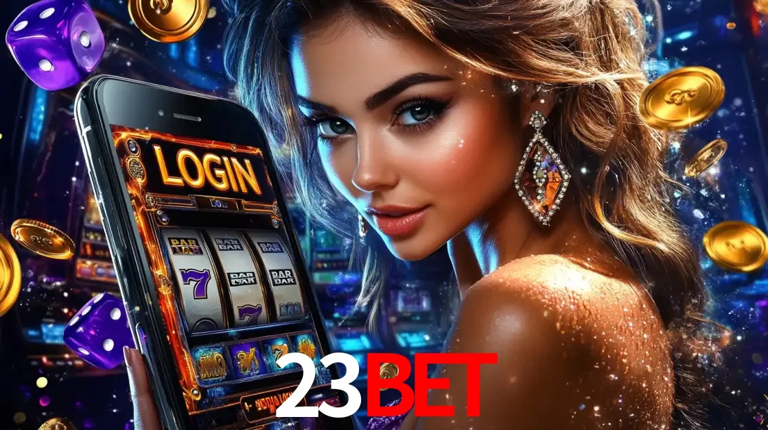 Mulher glamorosa segurando um smartphone com a tela de login para os jogos de caça-níqueis do cassino online 23BET, com moedas de ouro e dados ao redor.