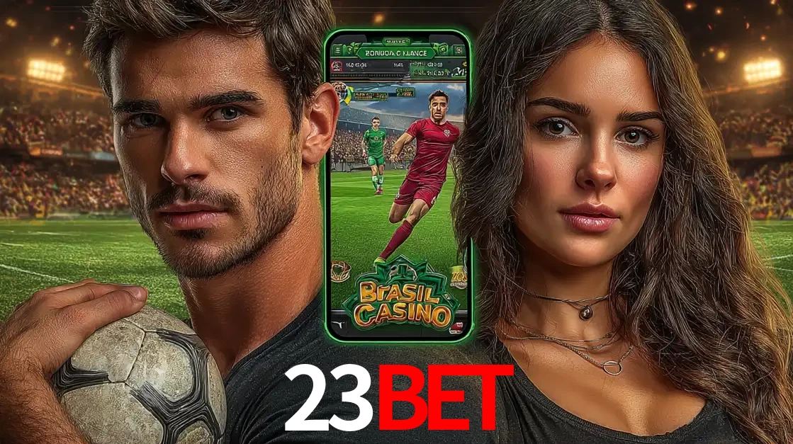 Homem segurando uma bola de futebol e uma mulher ao lado de um smartphone exibindo o jogo de apostas esportivas da 23BET. Faça seu palpite no cassino online.